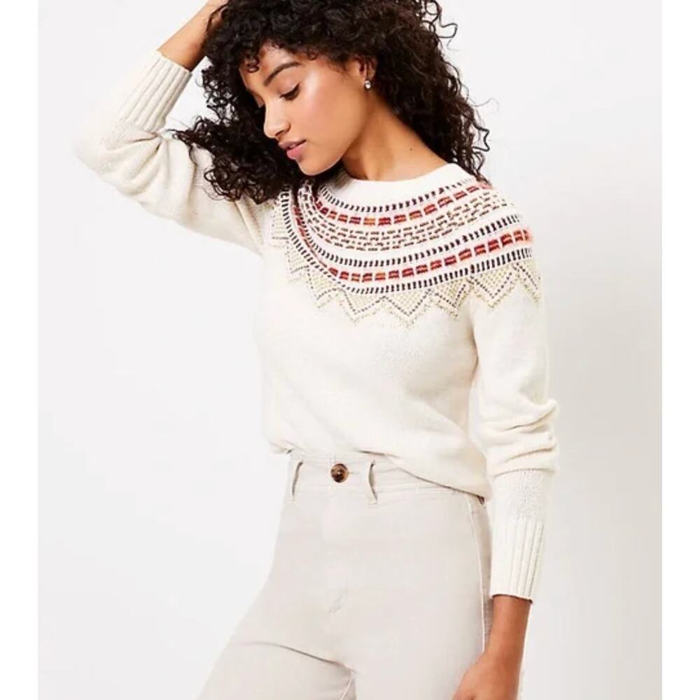 LOFT Cream Crewneck Sweater with Rust and Navy Fair Isle Yoke